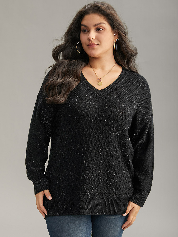 

Plus Size Plain Sparkly V Neck Loose Pullover Black Women Casual Long Sleeve V-neck Everyday Pullovers BloomChic