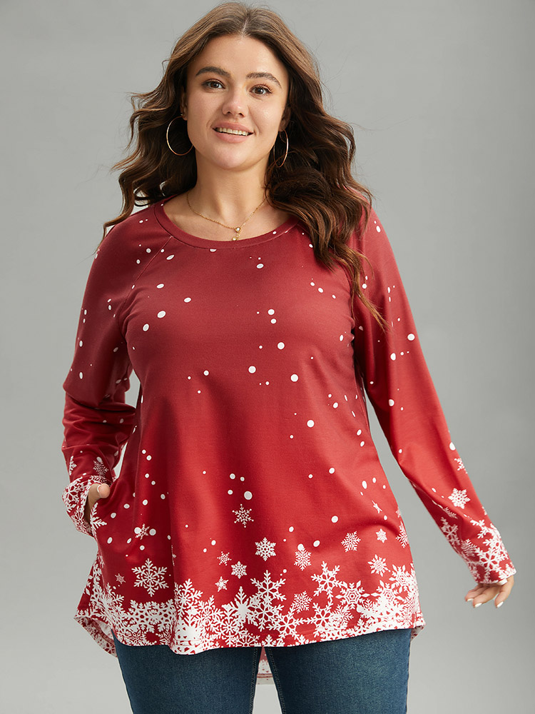 

Christmas Snowflake Raglan Sleeve High Low Hem T-shirt, Red