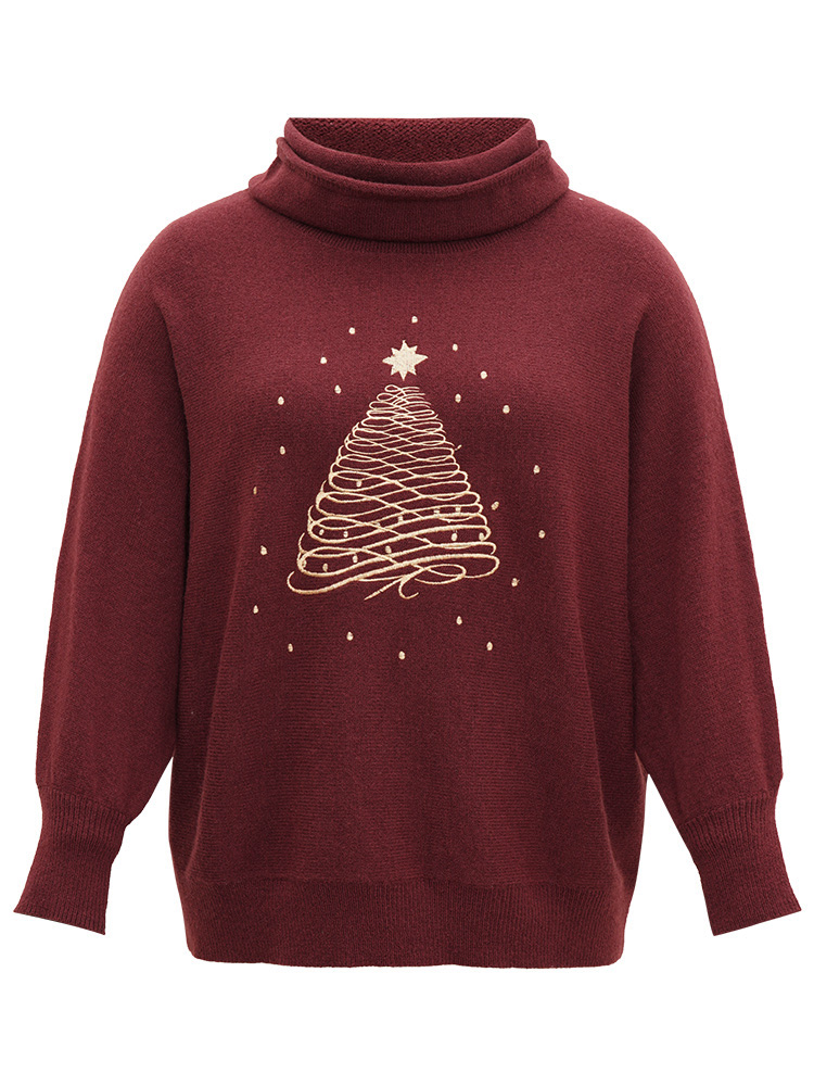 

Plus Size Anti-Pilling Christmas Embroidered Turtle Neck Pullover Burgundy Women Casual Loose Long Sleeve Turtleneck Festival-Christmas Pullovers BloomChic