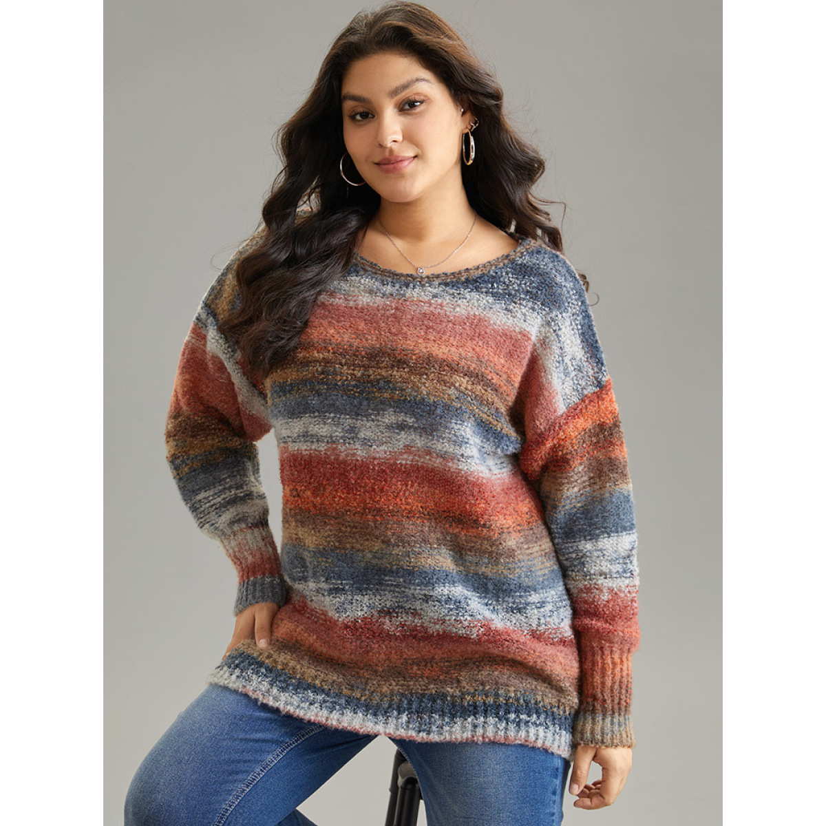 

Plus Size Heather Colorblock Contrast Drop Shoulder Pullover Multicolor Women Casual Loose Long Sleeve Round Neck Everyday Pullovers BloomChic