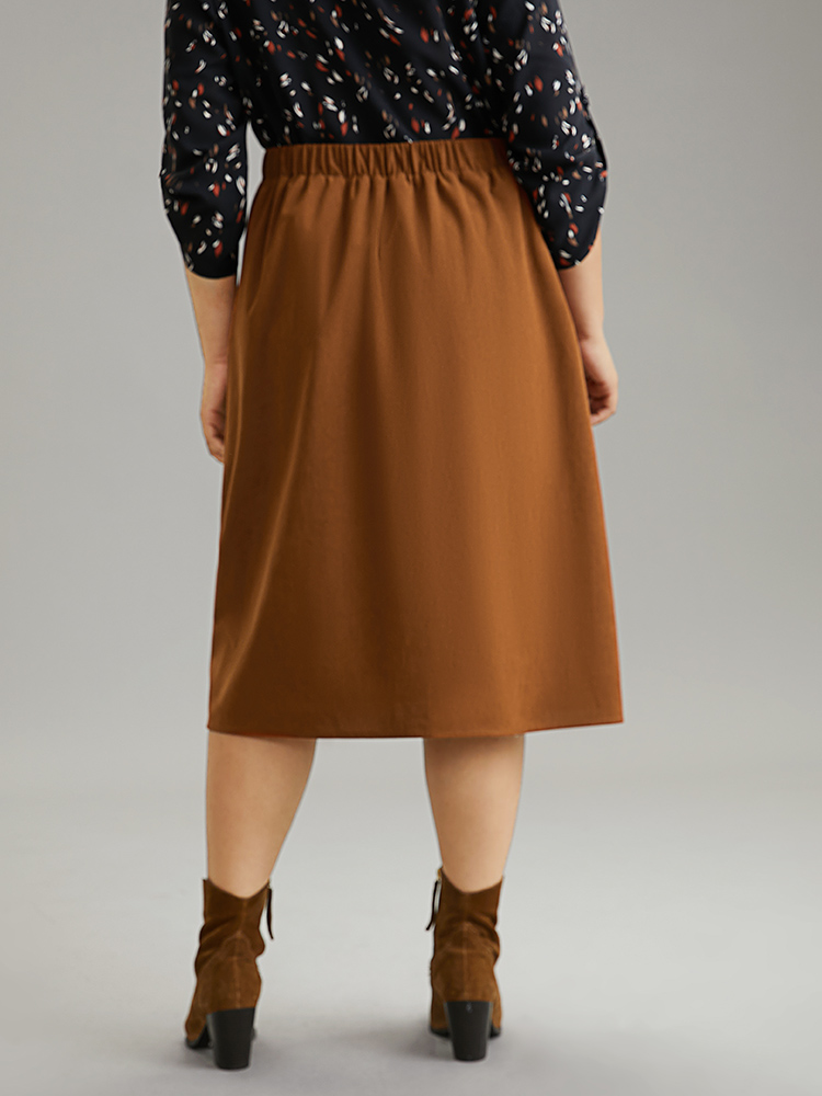 Plus Size Plain Texture Elastic Waist Pocket Split Front Skirt Women Tan Office Texture No stretch Pocket Work Skirts BloomChic 12/L 