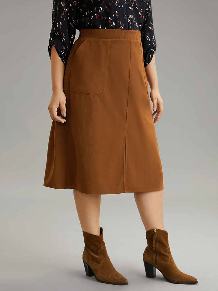 Plus Size Plain Texture Elastic Waist Pocket Split Front Skirt Women Tan Office Texture No stretch Pocket Work Skirts BloomChic 12/L 
