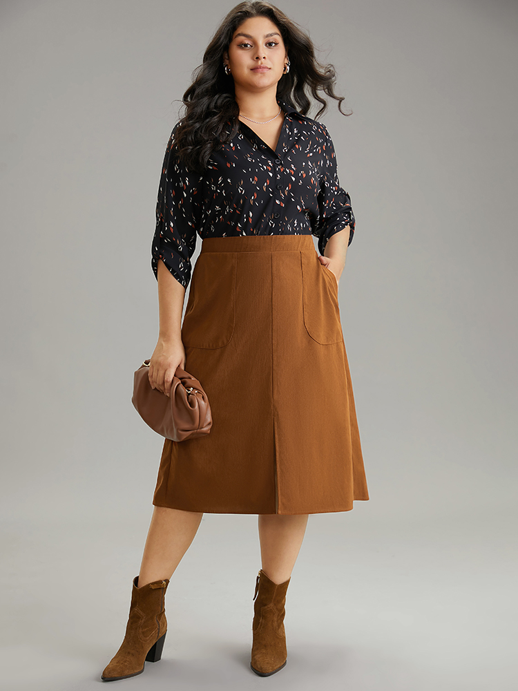 Plus Size Plain Texture Elastic Waist Pocket Split Front Skirt Women Tan Office Texture No stretch Pocket Work Skirts BloomChic 12/L 