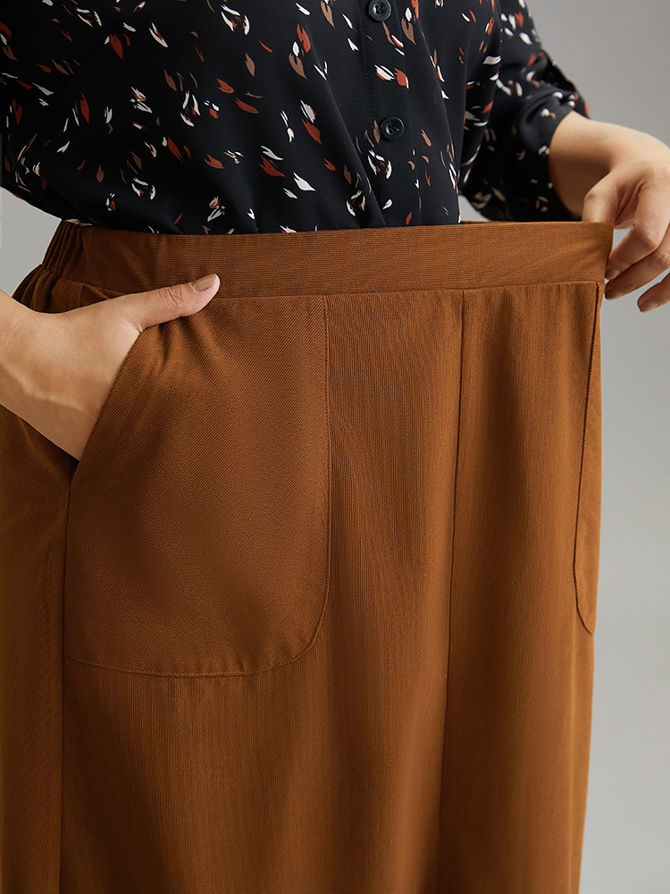Plus Size Plain Texture Elastic Waist Pocket Split Front Skirt Women Tan Office Texture No stretch Pocket Work Skirts BloomChic 12/L 