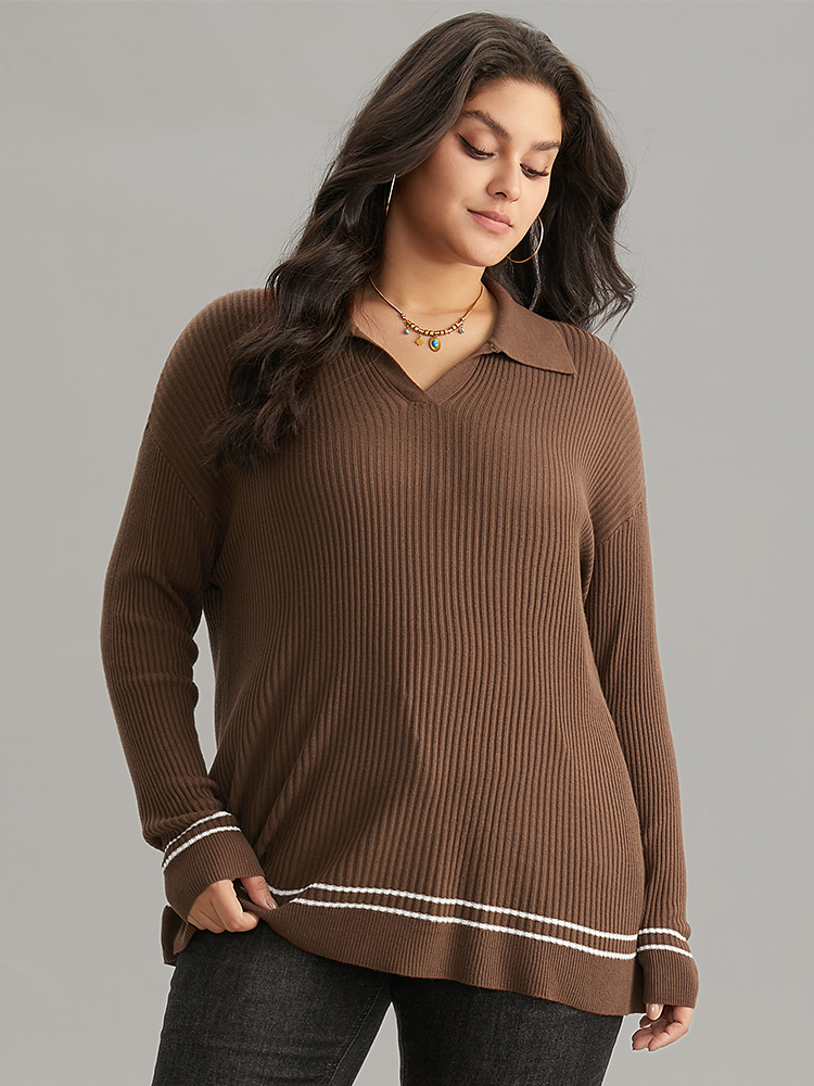 

Plus Size Supersoft Essentials Polo Striped Contrast Pullover Maroon Women Casual Loose Long Sleeve Polo Dailywear Pullovers BloomChic