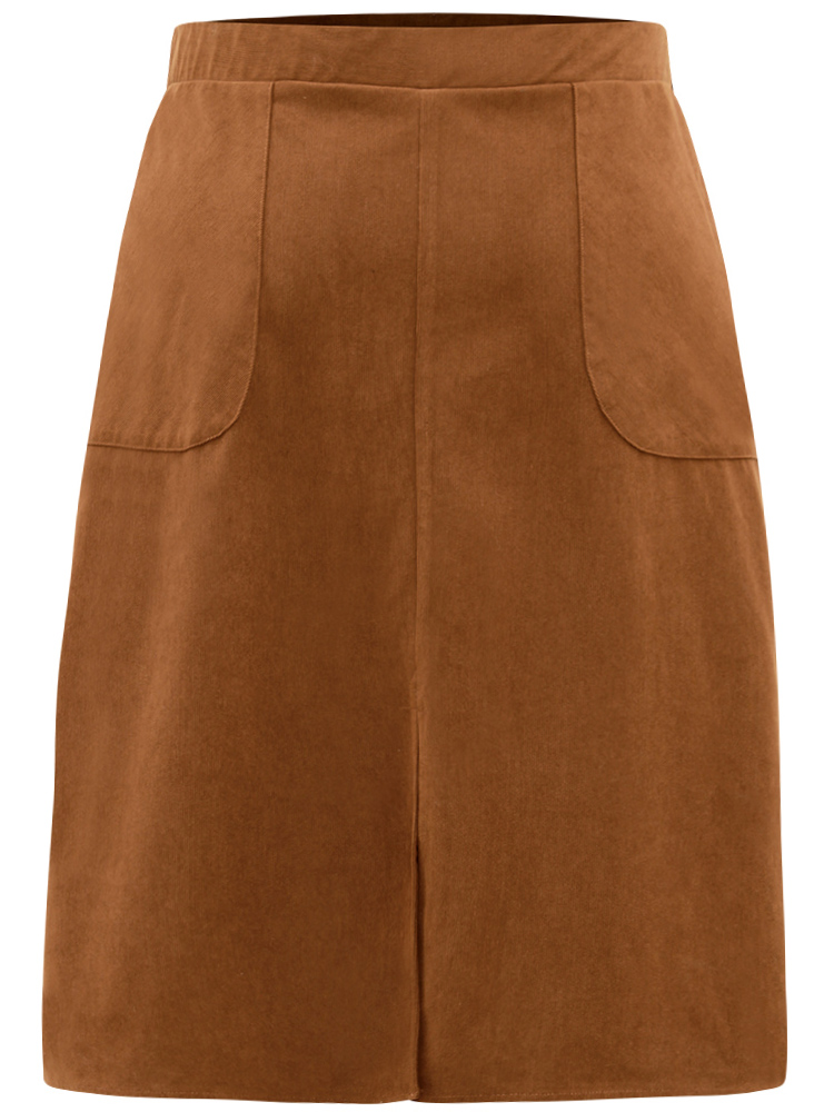 Plus Size Plain Texture Elastic Waist Pocket Split Front Skirt Women Tan Office Texture No stretch Pocket Work Skirts BloomChic 12/L 