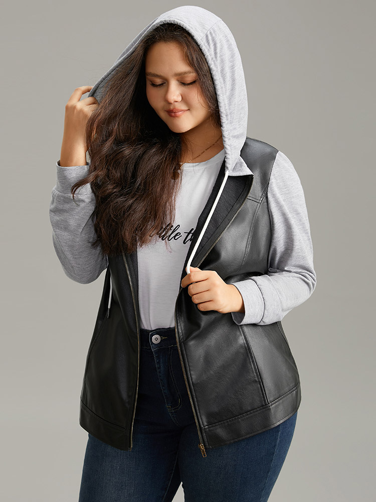 

Plus Size PU Leather Zipper Hooded Drawstring Jacket Women Black Contrast Pocket Everyday Jackets BloomChic