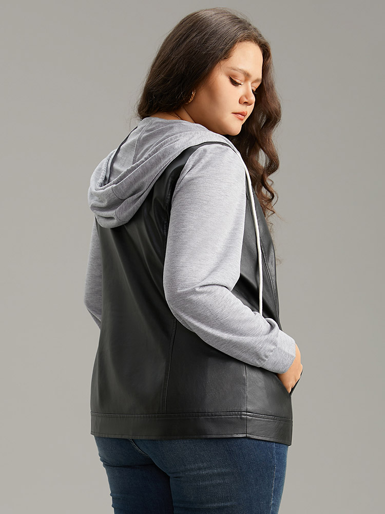Plus Size PU Leather Zipper Hooded Drawstring Jacket Women Black Contrast Pocket Everyday Jackets BloomChic 12/L 