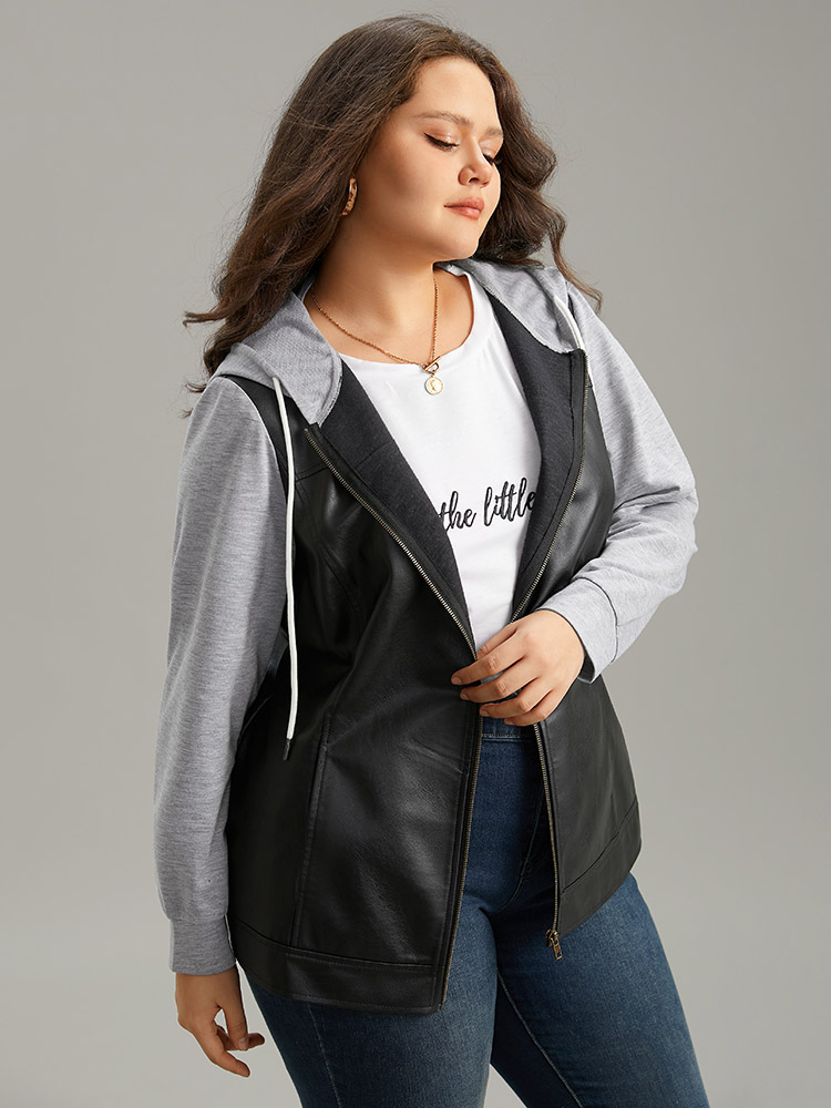 Plus Size PU Leather Zipper Hooded Drawstring Jacket Women Black Contrast Pocket Everyday Jackets BloomChic 12/L 