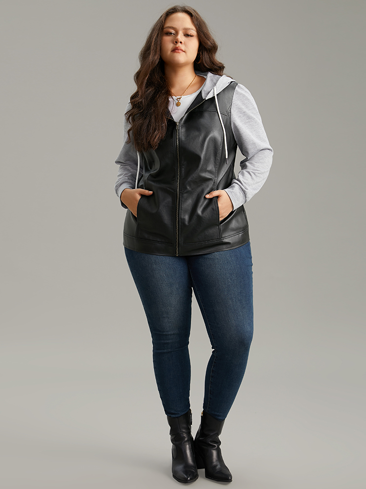 Plus Size PU Leather Zipper Hooded Drawstring Jacket Women Black Contrast Pocket Everyday Jackets BloomChic 12/L 