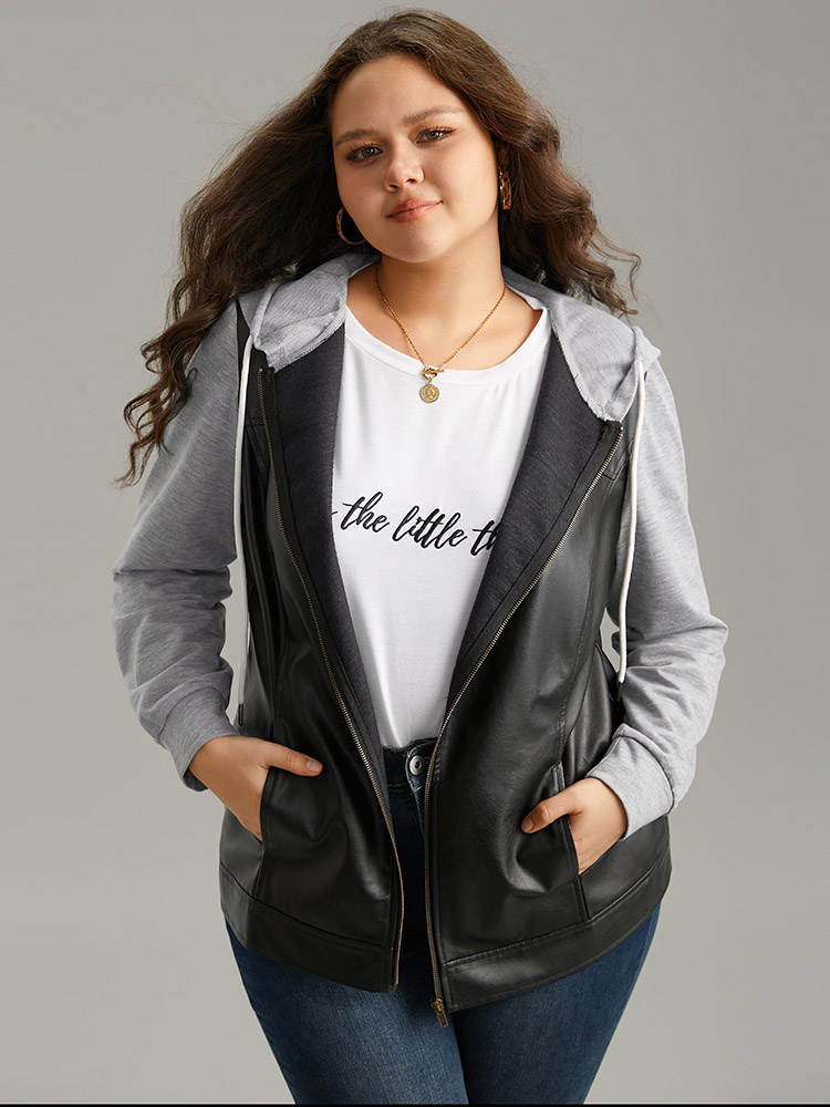 Plus Size PU Leather Zipper Hooded Drawstring Jacket Women Black Contrast Pocket Everyday Jackets BloomChic 12/L 