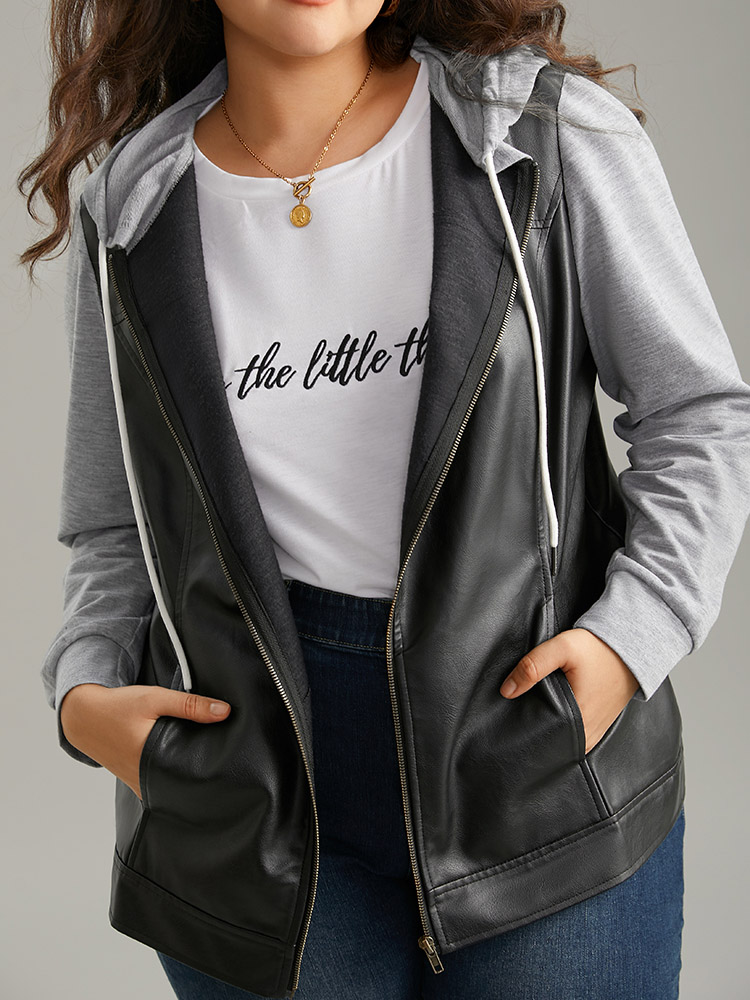 Plus Size PU Leather Zipper Hooded Drawstring Jacket Women Black Contrast Pocket Everyday Jackets BloomChic 12/L 