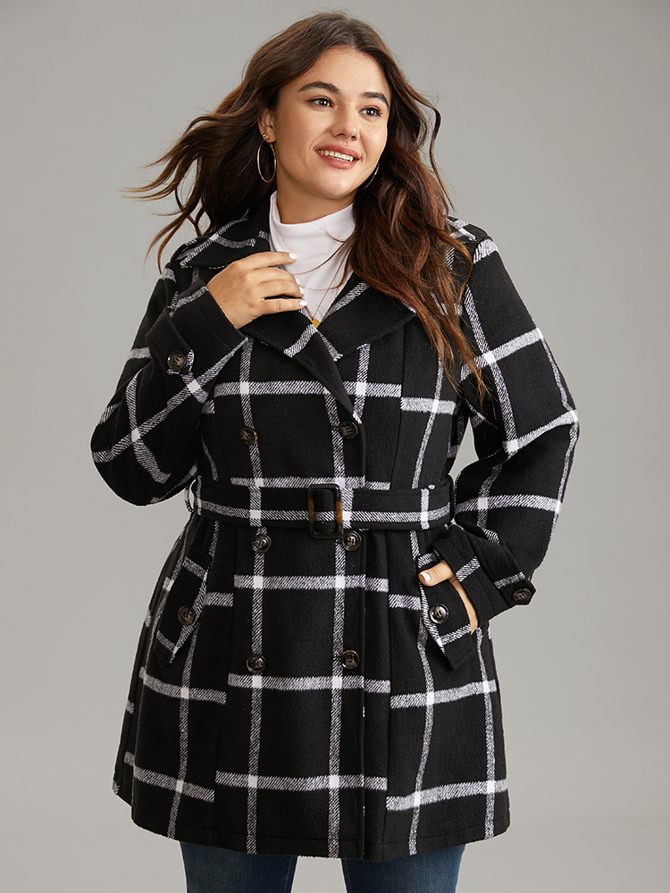 

Plus Size Plaid Double Breasted Belted coat Women Black Casual Lined Ladies Dailywear Winter Coats BloomChic