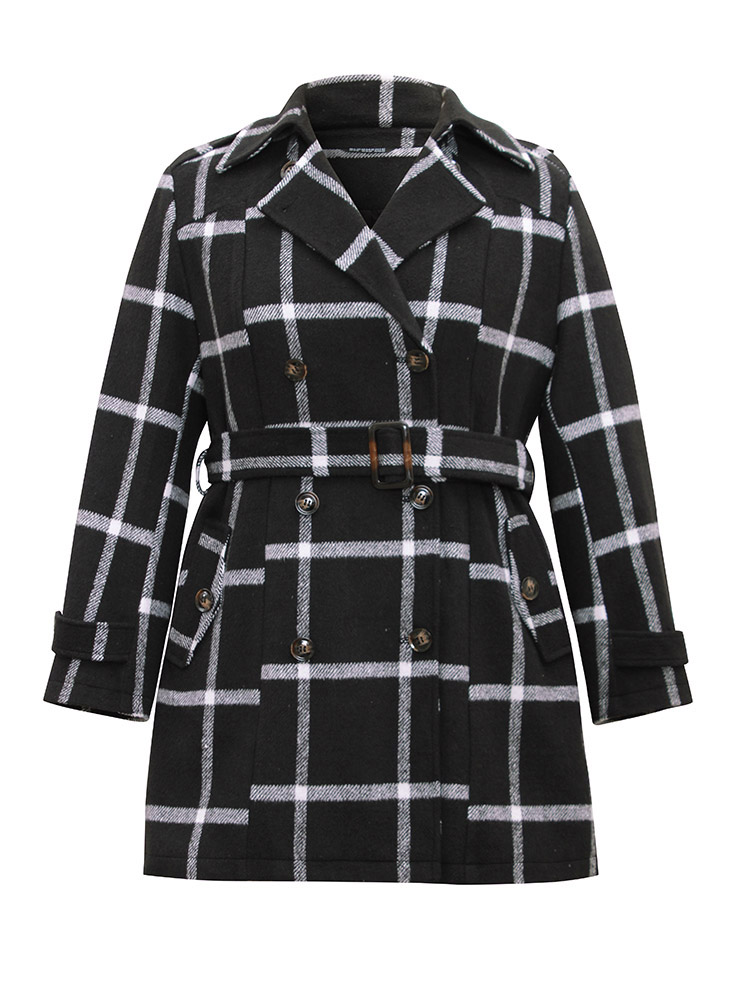 

Plus Size Plaid Double Breasted Belted coat Women Black Casual Lined Ladies Dailywear Winter Coats BloomChic