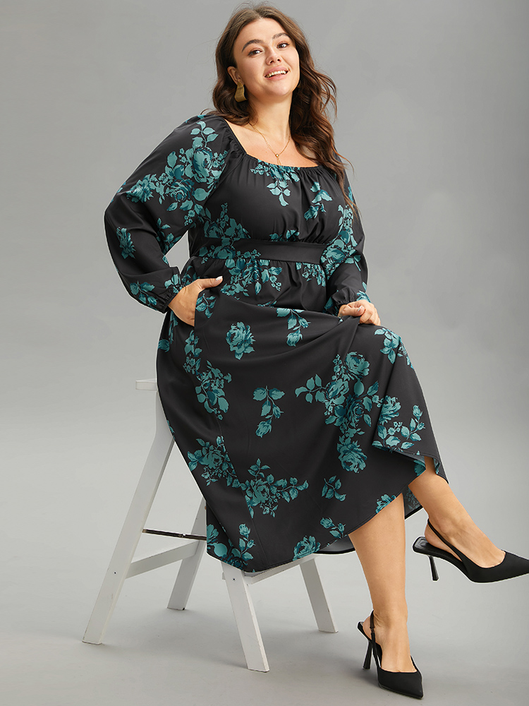 

Plus Size Silhouette Floral Print Square Neck Gathered Dress Black Women Elegant Elastic cuffs Square Neck Long Sleeve Curvy Midi Dress BloomChic