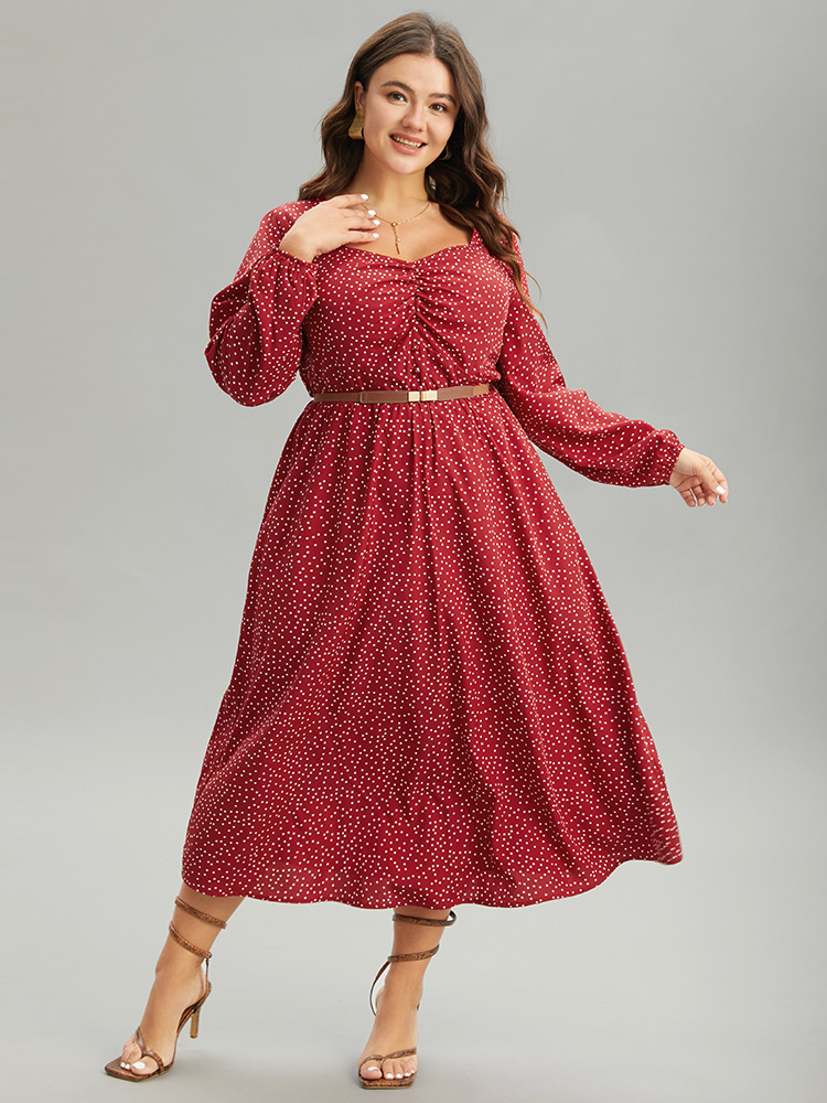 

Plus Size Polka Dot Ruched Overlap Collar Pocket Dress Raspberry Women Elegant Elastic cuffs Square Neck Long Sleeve Curvy Midi Dress BloomChic