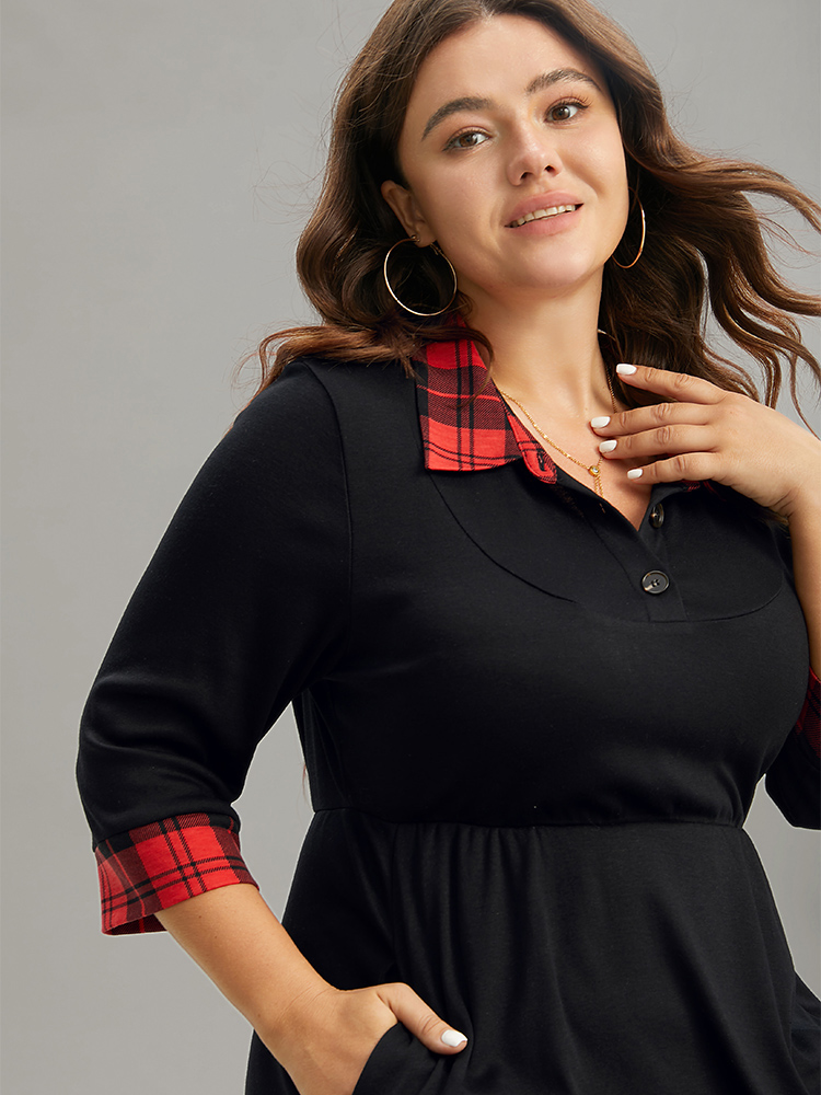 

Plus Size Plaid Patchwork Shirt Collar Button Up Dress Black Women Casual Printed Shirt collar Elbow-length sleeve Curvy Midi Dress BloomChic