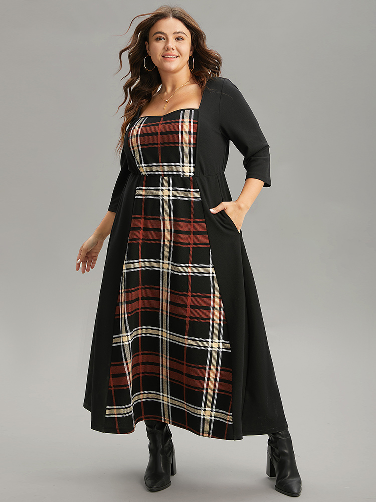 

Plus Size Plaid Patchwork Contrast Square Neck Dress Black Women Casual Printed Square Neck Elbow-length sleeve Curvy Midi Dress BloomChic