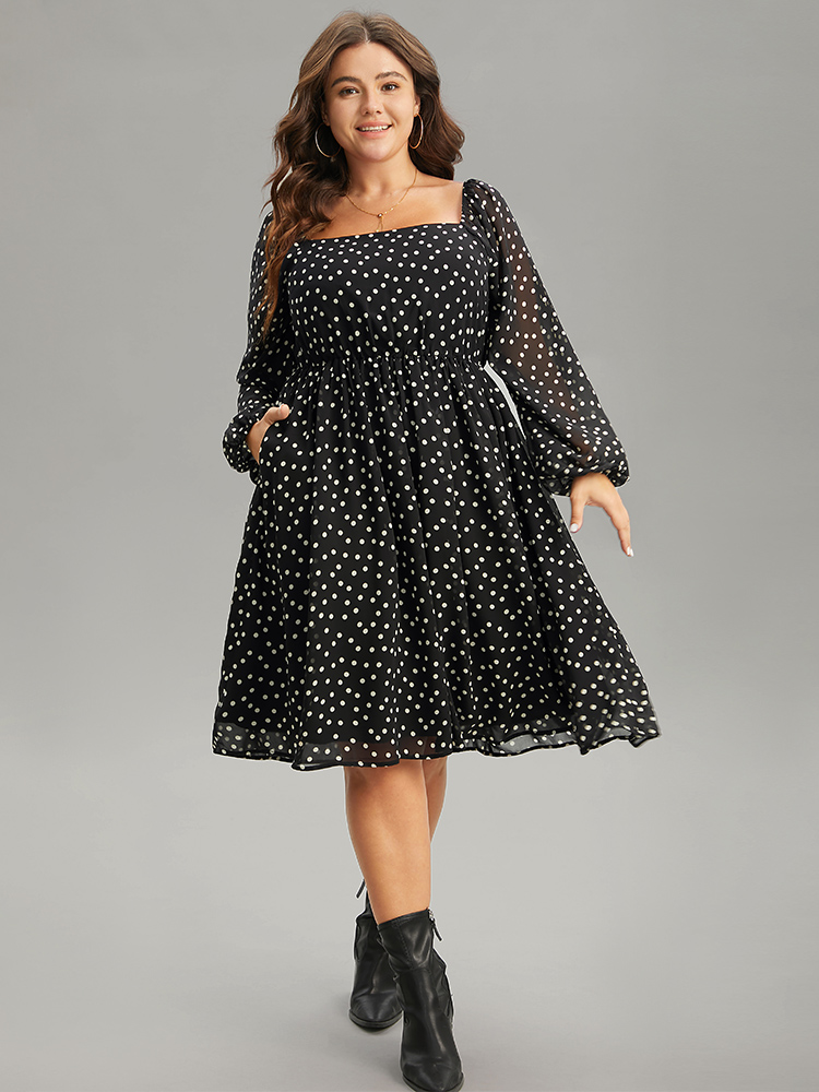 

Plus Size Polka Dot Square Neck Gathered Lantern Sleeve Dress Black Women Casual Elastic cuffs Square Neck Long Sleeve Curvy Midi Dress BloomChic