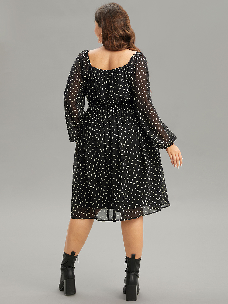 Plus Size Polka Dot Square Neck Gathered Lantern Sleeve Dress Black Women Casual Elastic cuffs Square Neck Long Sleeve Curvy Midi Dress BloomChic 12/L 