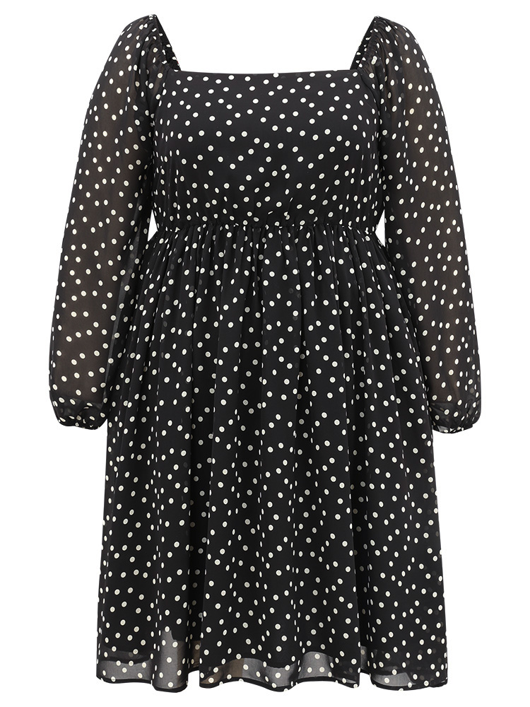 

Plus Size Polka Dot Square Neck Gathered Lantern Sleeve Dress Black Women Casual Elastic cuffs Square Neck Long Sleeve Curvy Midi Dress BloomChic