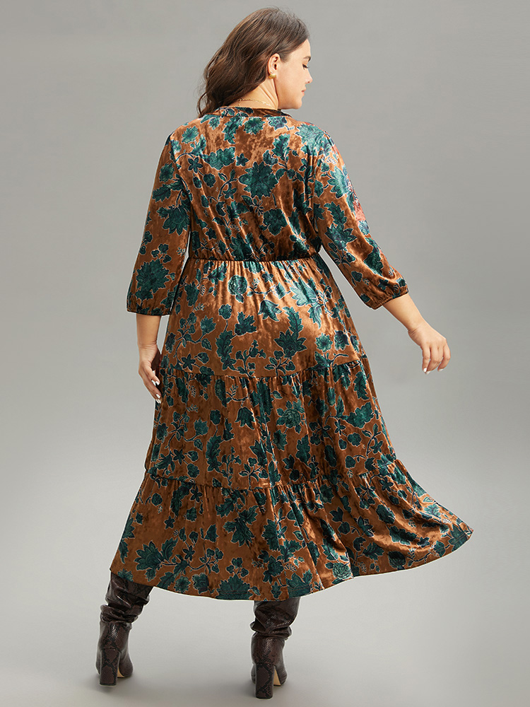 

Plus Size Velvet Floral Print Notched Lantern Sleeve Dress Chocolate Women Casual Velvet Notched collar Elbow-length sleeve Curvy Midi Dress BloomChic