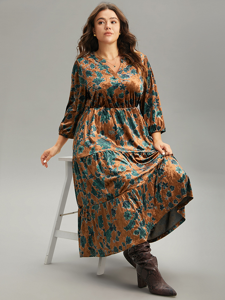 Plus Size Velvet Floral Print Notched Lantern Sleeve Dress Chocolate Women Casual Velvet Notched collar Elbow-length sleeve Curvy Midi Dress BloomChic 26/4X 