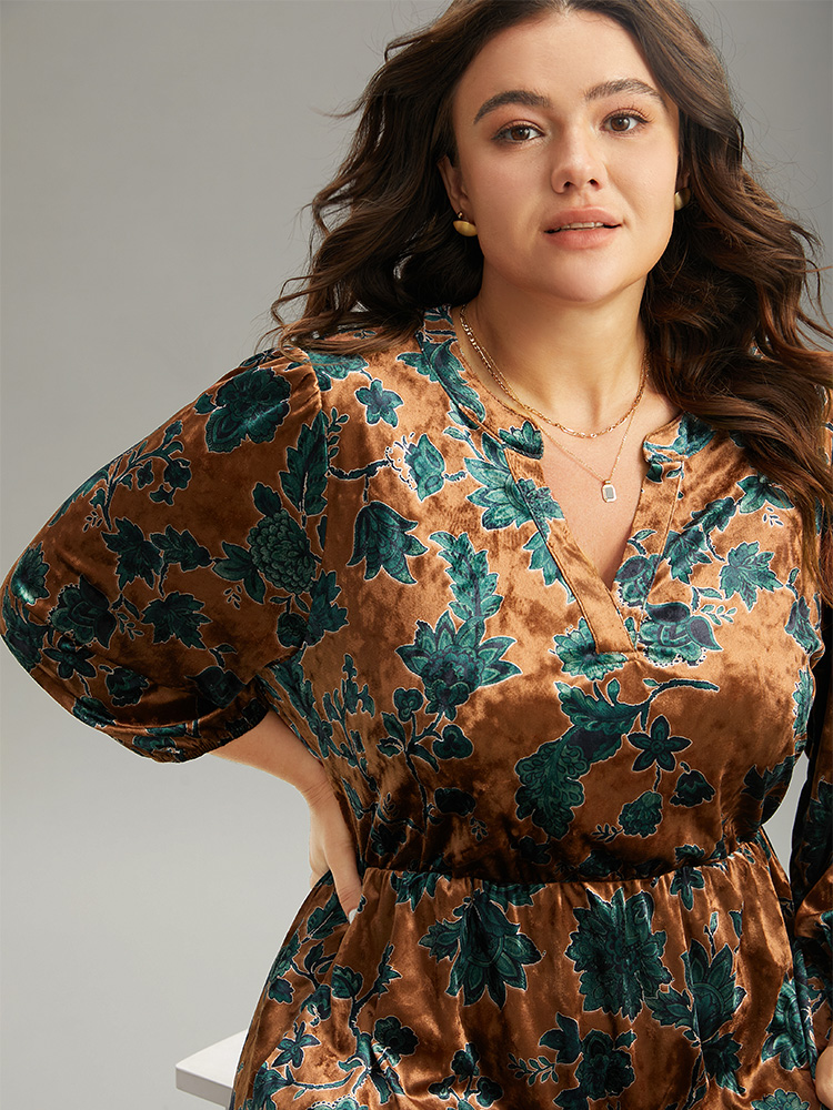 Plus Size Velvet Floral Print Notched Lantern Sleeve Dress Chocolate Women Casual Velvet Notched collar Elbow-length sleeve Curvy Midi Dress BloomChic 26/4X 
