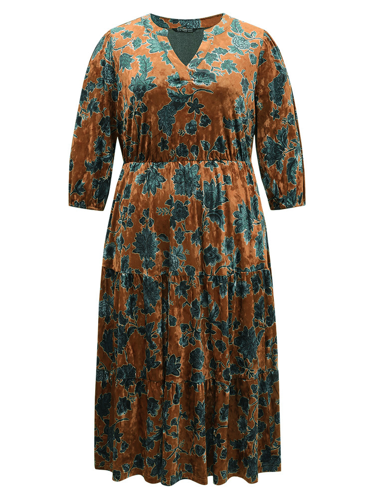 Plus Size Velvet Floral Print Notched Lantern Sleeve Dress Chocolate Women Casual Velvet Notched collar Elbow-length sleeve Curvy Midi Dress BloomChic 26/4X 