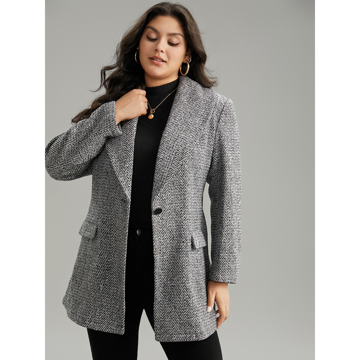 

Plus Size Tweed Belted Lapel Collar Flap Pocket Coat Women Black Casual Belted Ladies Dailywear Winter Coats BloomChic