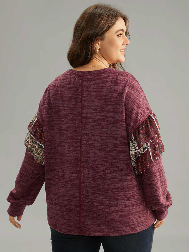 

Plus Size Boho Print Patchwork Tiered Ruffles Dolman Sleeve Sweatshirt Women Burgundy Elegant Printed Round Neck Dailywear Sweatshirts BloomChic