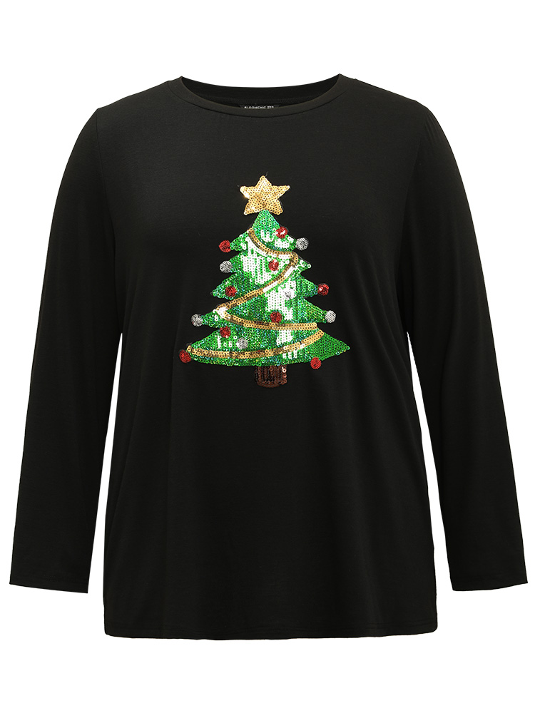 Plus Size Christmas Trees Sequin Round Neck T-shirt Black Women Casual Sequin Christmas Festival-Christmas T-shirts BloomChic 22-24/3X 
