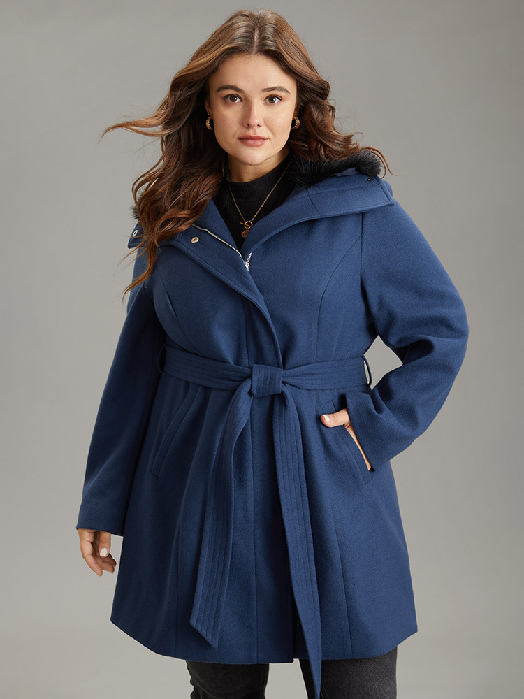 

Plus Size Plain Fuzzy Trim Zipper Belted Coat Women DarkBlue Casual Lined Ladies Dailywear Winter Coats BloomChic
