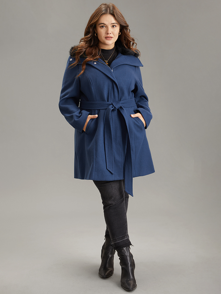 

Plus Size Plain Fuzzy Trim Zipper Belted Coat Women DarkBlue Casual Lined Ladies Dailywear Winter Coats BloomChic