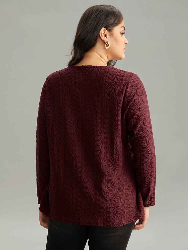 Plus Size Broderie Anglaise Button Detail Jacquard T-shirt Burgundy Women Elegant Texture Plain V-neck Dailywear T-shirts BloomChic 14-16/1X 