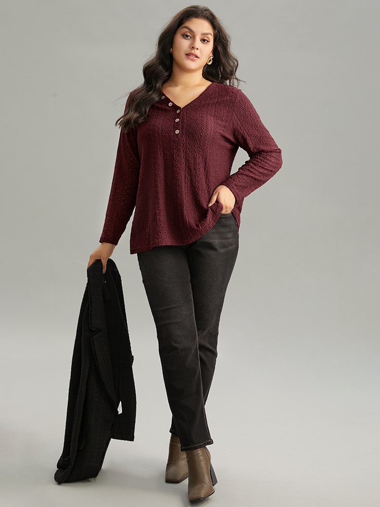 Plus Size Broderie Anglaise Button Detail Jacquard T-shirt Burgundy Women Elegant Texture Plain V-neck Dailywear T-shirts BloomChic 14-16/1X 