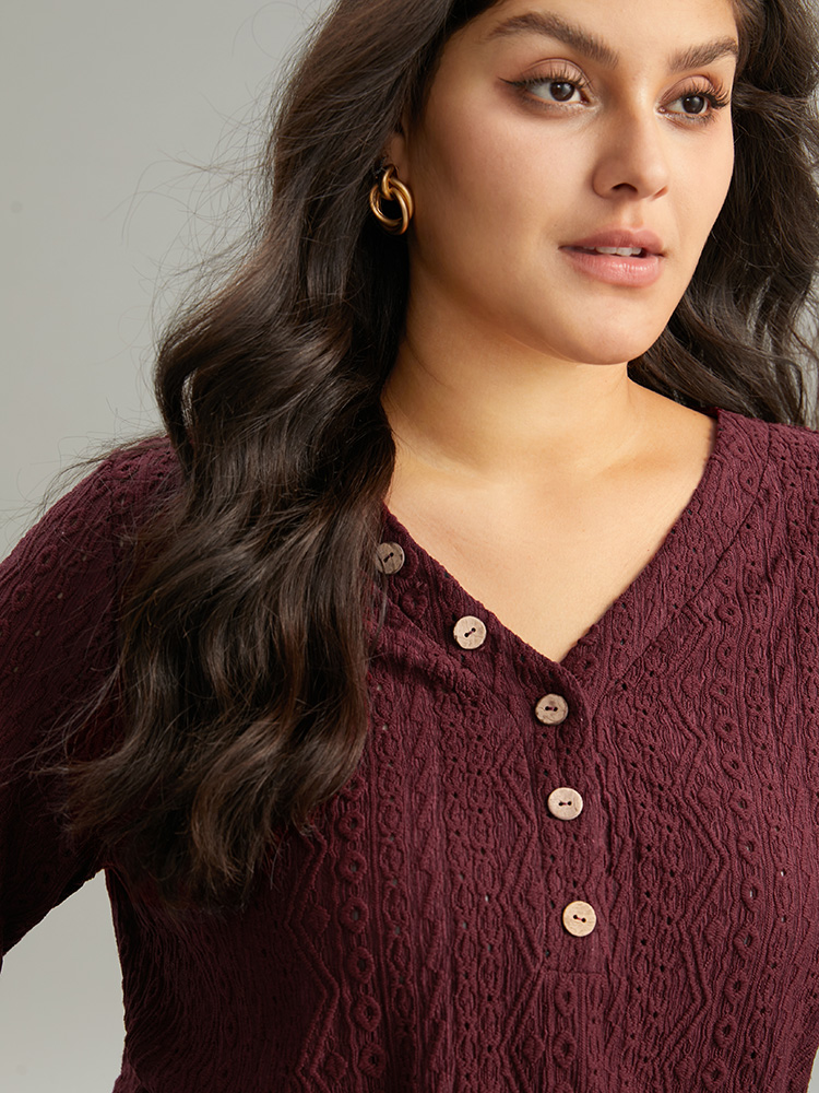 Plus Size Broderie Anglaise Button Detail Jacquard T-shirt Burgundy Women Elegant Texture Plain V-neck Dailywear T-shirts BloomChic 14-16/1X 