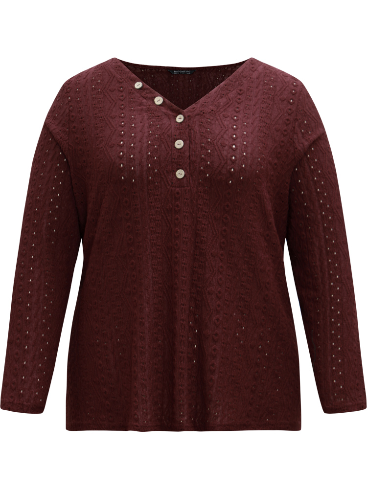 Plus Size Broderie Anglaise Button Detail Jacquard T-shirt Burgundy Women Elegant Texture Plain V-neck Dailywear T-shirts BloomChic 14-16/1X 