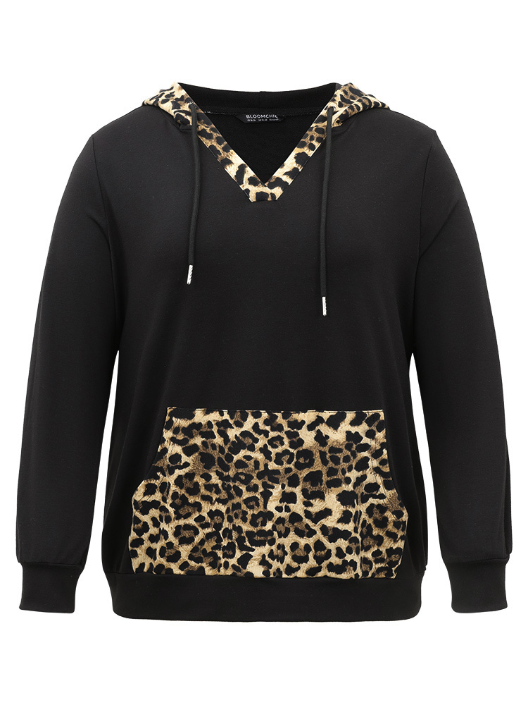 Plus Size Leopard Patchwork Kangaroo Pocket Hooded Sweatshirt Women Black Casual Contrast Hooded Dailywear Sweatshirts BloomChic 10/M 