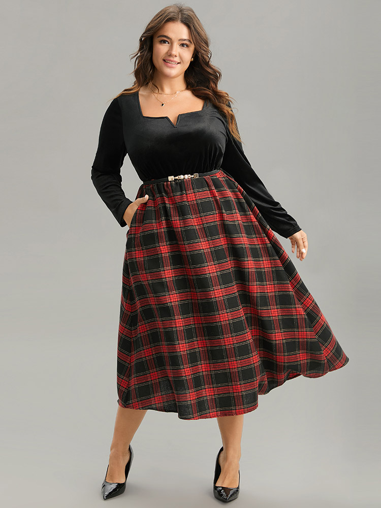 

Plus Size Christmas Plaid Velvet Belted Contrast Notched Dress Black Women At the Office Velvet Notched collar Long Sleeve Curvy Midi Dress BloomChic