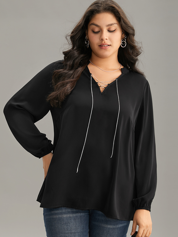 Plus Size Women Party Plain Style accents Lantern Sleeve Long Sleeve Tie Neck Office Blouses BloomChic 