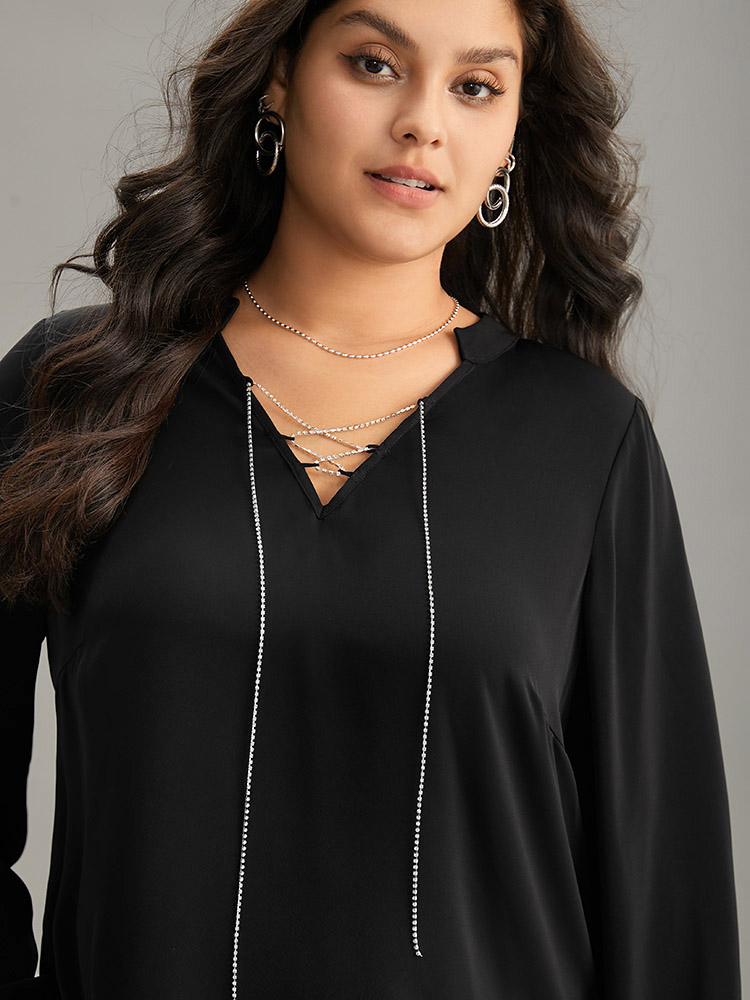 Plus Size Women Party Plain Style accents Lantern Sleeve Long Sleeve Tie Neck Office Blouses BloomChic 