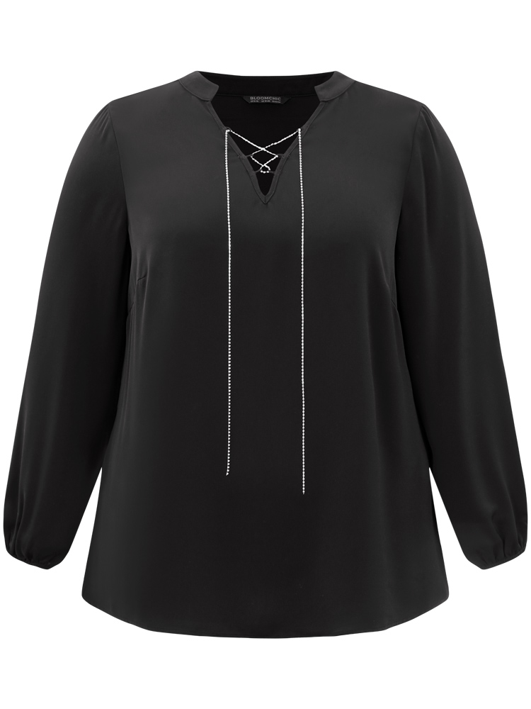 Plus Size Women Party Plain Style accents Lantern Sleeve Long Sleeve Tie Neck Office Blouses BloomChic 