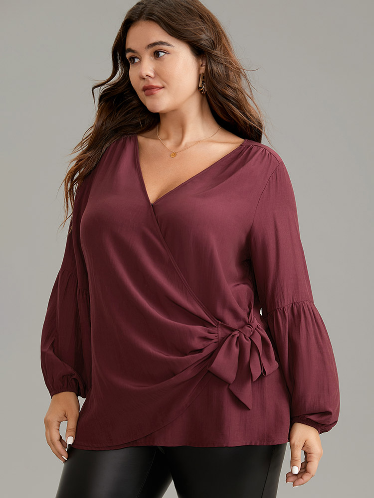 

Plus Size Burgundy Supersoft Essentials Solid Wrap Gathered Ties Blouse Women Work From Home Long Sleeve Overlap Collar Work Blouses BloomChic