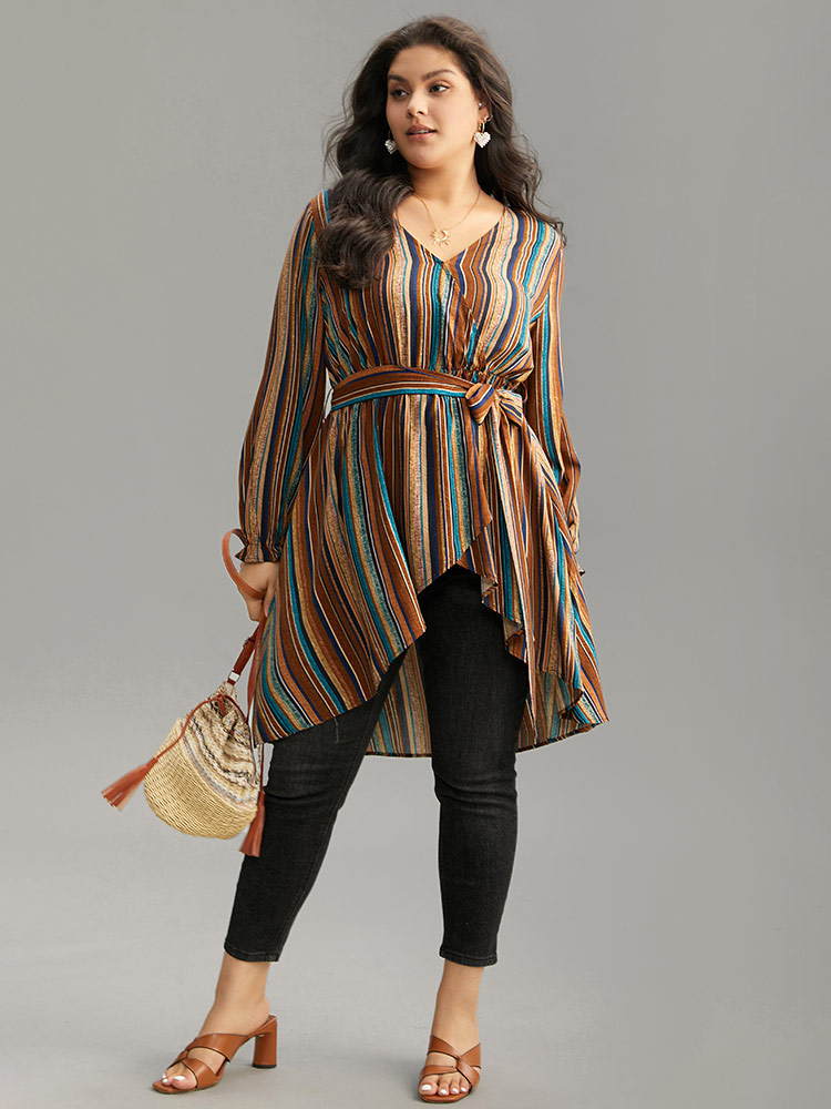 

Plus Size Multicolor Striped Overlap Collar Arc Hem Belted Blouse Women Vacation Long Sleeve Overlap Collar Vacation Blouses BloomChic