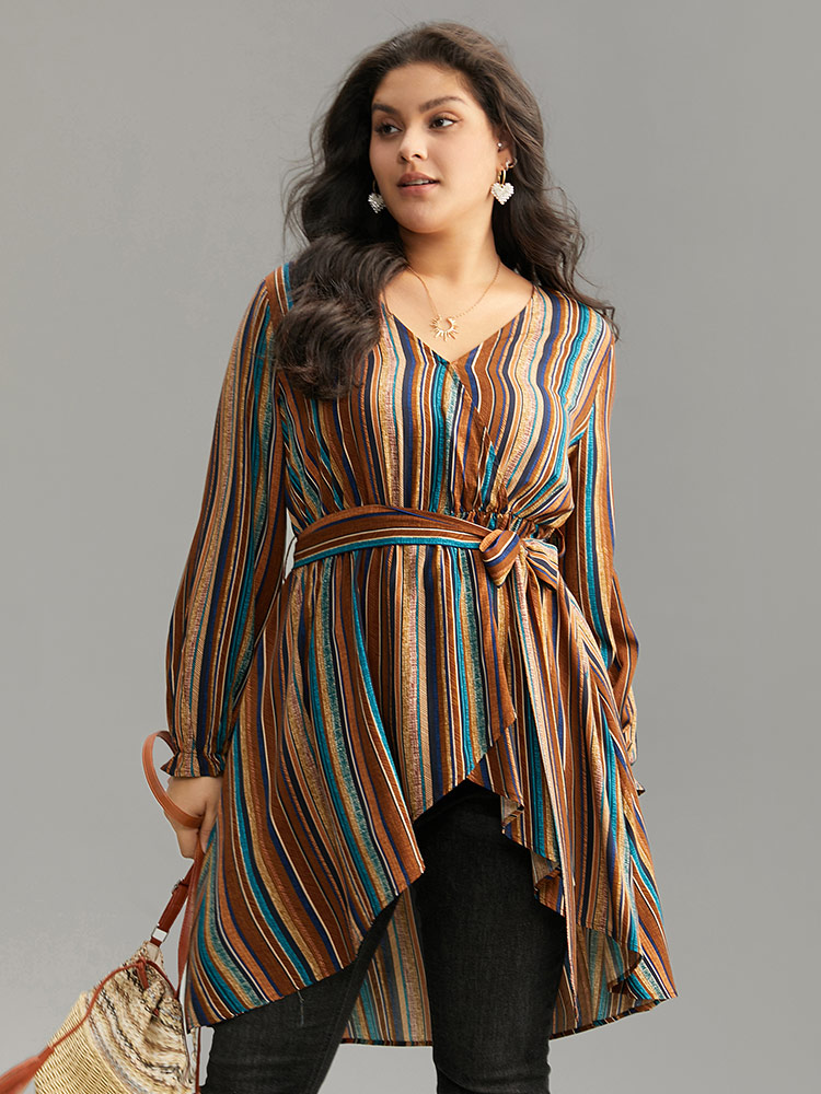 

Plus Size Multicolor Striped Overlap Collar Arc Hem Belted Blouse Women Vacation Long Sleeve Overlap Collar Vacation Blouses BloomChic