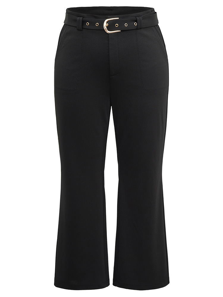 Plus Size Women Work Plain Belted High Rise Pocket Belt At the Office Pants BloomChic 