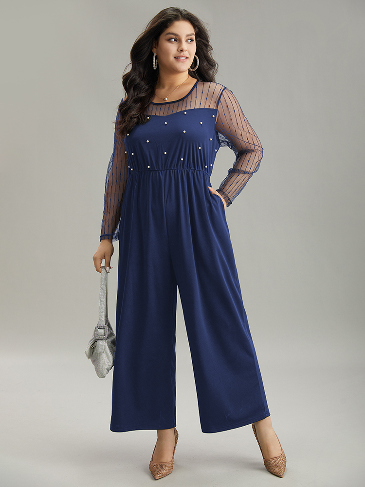 

Plus Size Indigo Pearl Beaded Mesh Patchwork Zipper Jumpsuit Women Party Long Sleeve Round Neck Going out Loose Jumpsuits BloomChic