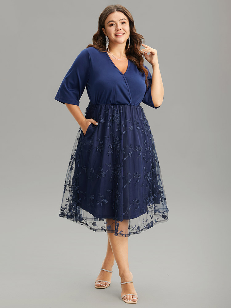 

Plus Size Crochet Lace Mesh Overlap Collar Elastic Waist Dress DarkBlue Women Glamour Wrap Overlap Collar Half Sleeve Curvy Midi Dress BloomChic