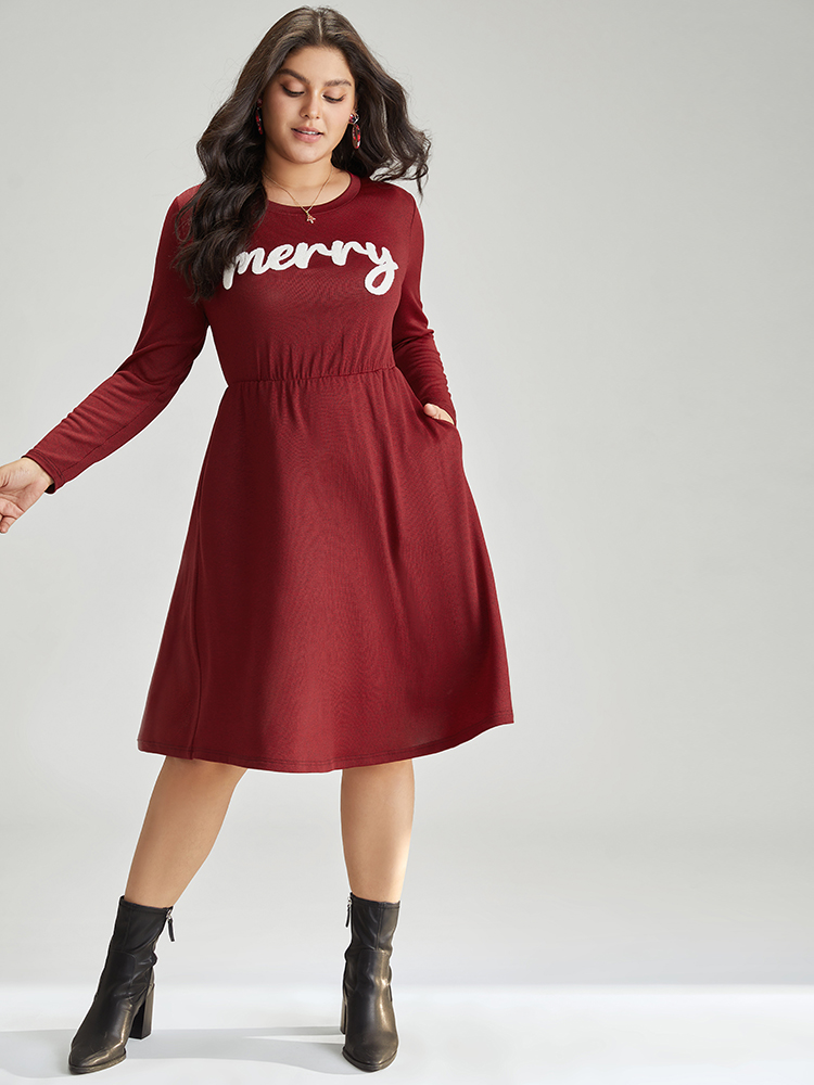 

Plus Size Holiday Greetings Embroidered Pocket Elastic Waist Dress Scarlet Women Elegant Embroidered Round Neck Long Sleeve Curvy Midi Dress BloomChic